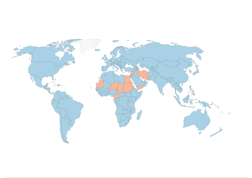 Featured image for the article on the causes of the gender pay gap. Stylized world map with a few countries in orange.